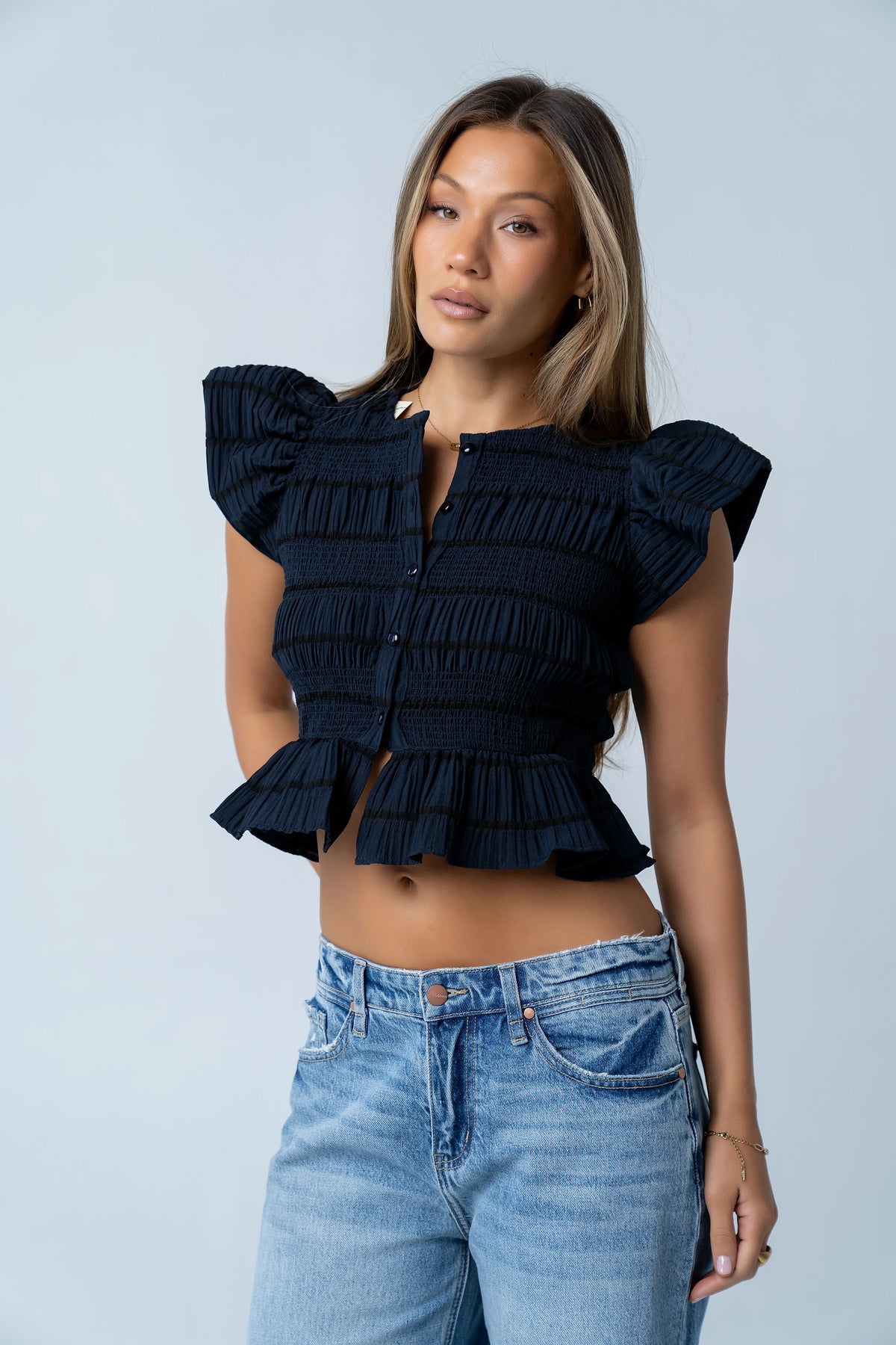 Holly Smocked Blouse in Navy