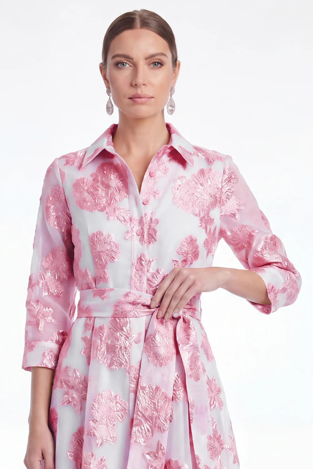 Gold Floral Jacquard A Line Collar Mother of the Bride Dress with 3 4 Sleeves