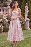 Strapless Pink Floral A Line Jacquard Midi Wedding Guest Dress
