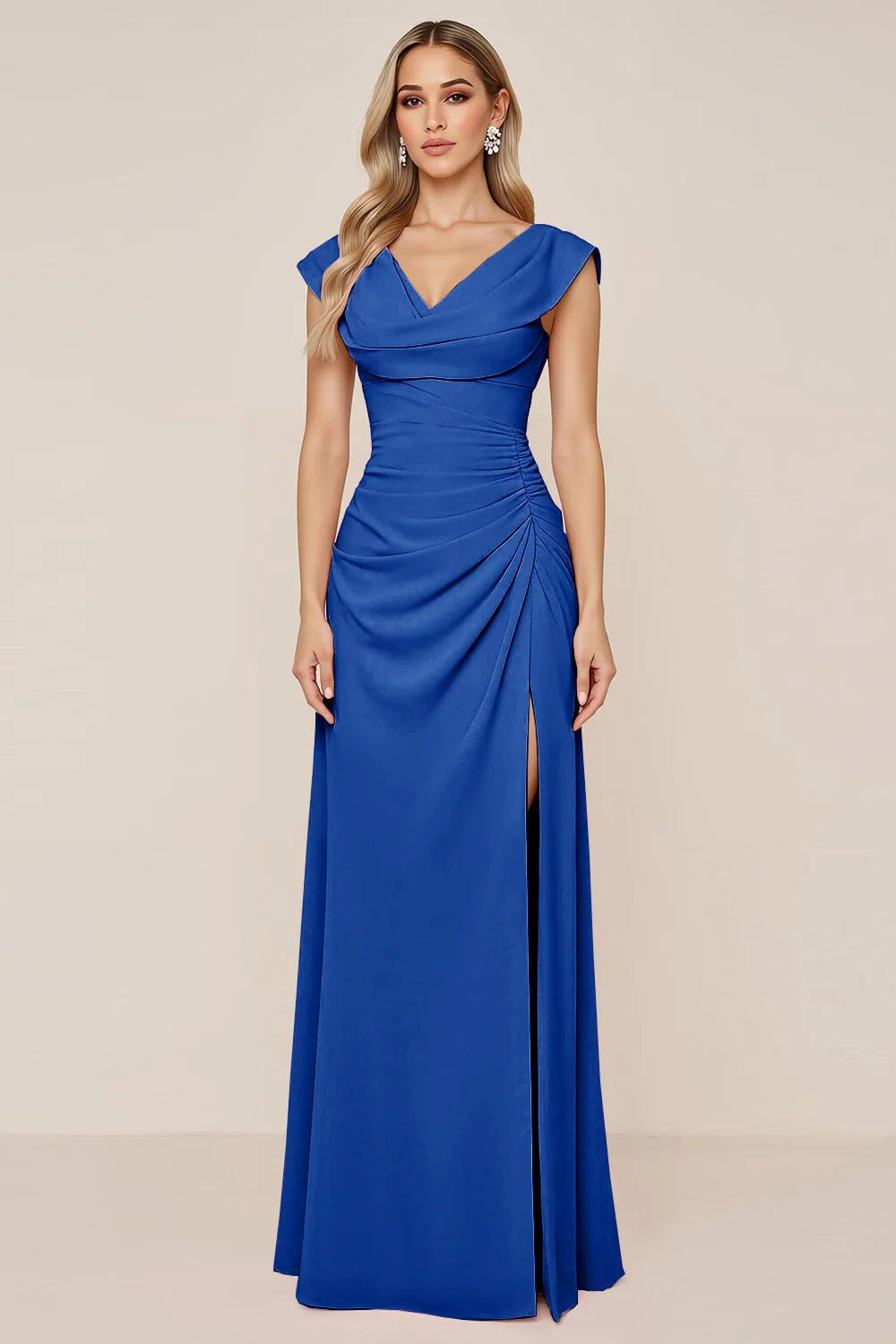 Candy Pink A Line Cowl Neck Long Bridesmaid Dress with Slit