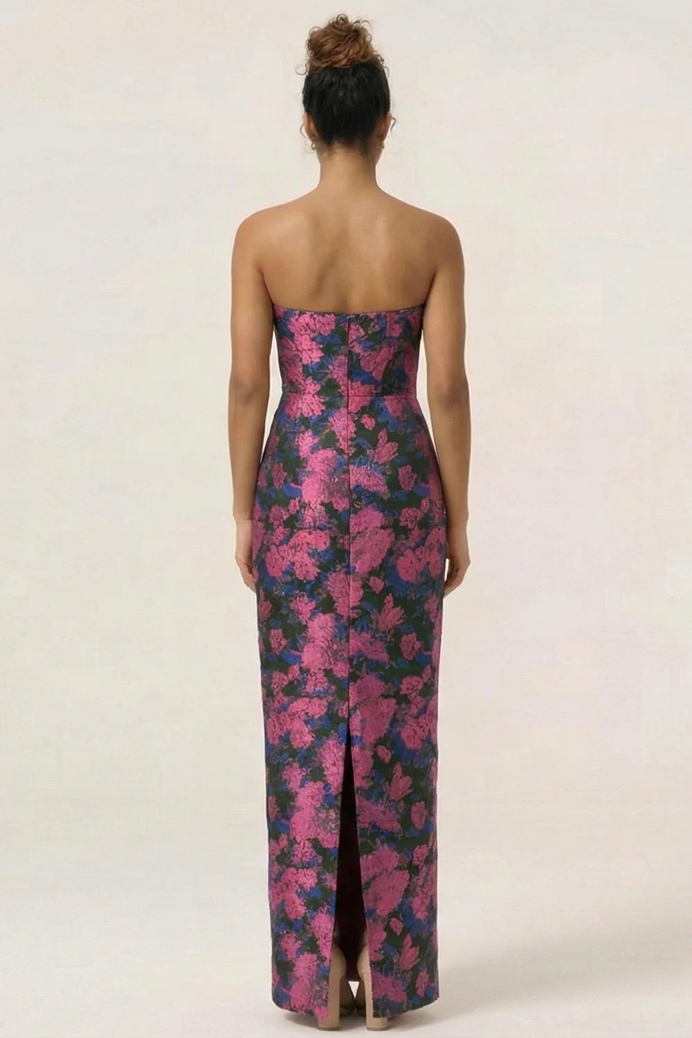 Blue Sheath Strapless White Floral Back Slit Satin Maxi Dress with Pockets
