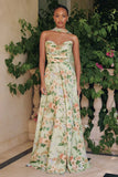 MEADOWS GOWN STRAPLESS A LINE SAGE FLORAL CHIFFON GOWN WITH SCARF