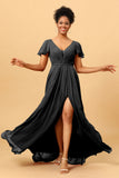 A Line V Neck Ruched Long Chiffon Bridesmaid Dress with Slit