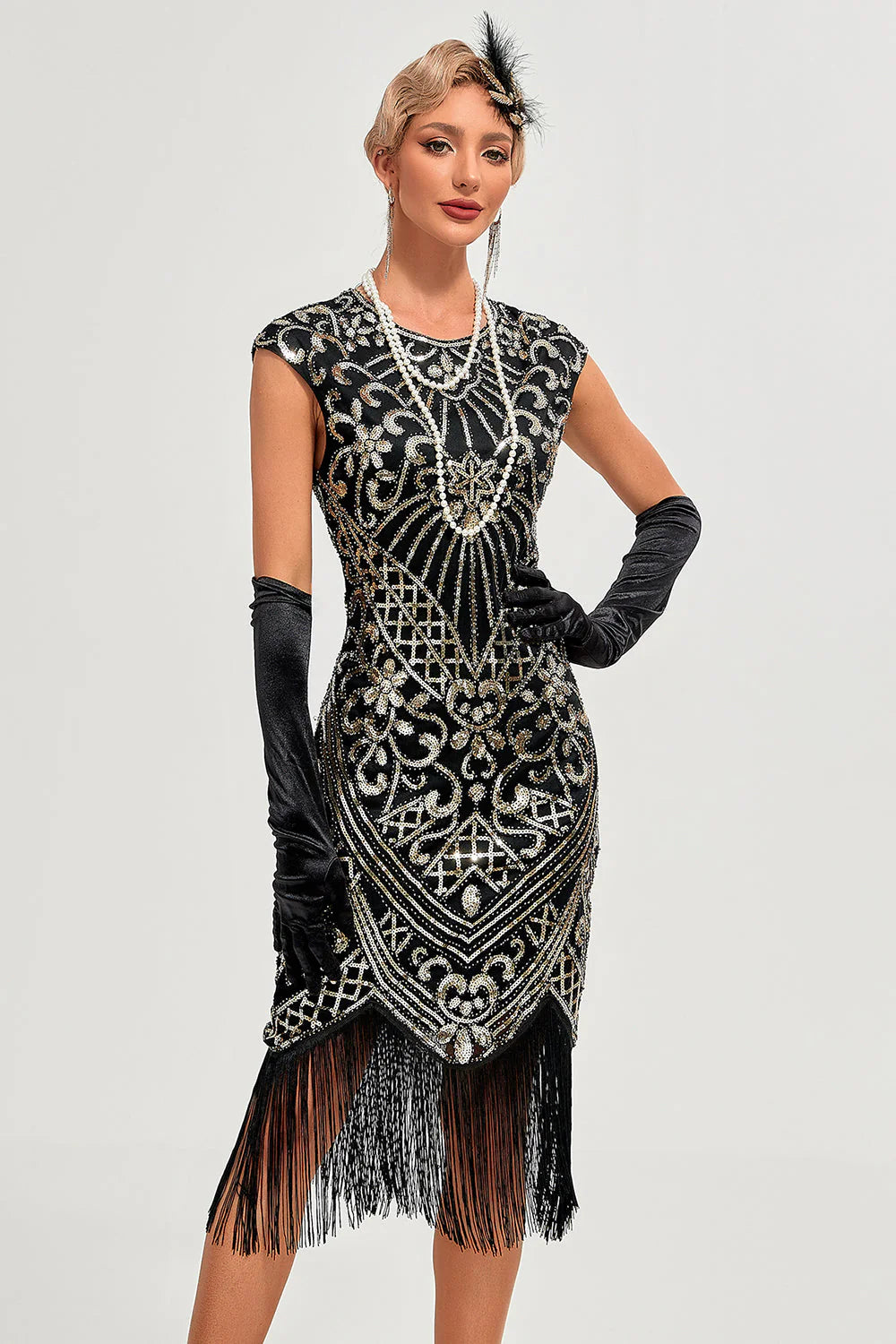 Sparkly Black Beaded Fringed Gatsby Dress