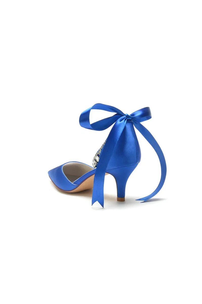 Pointed Toe Ribbons Kitten Heels With Diamond