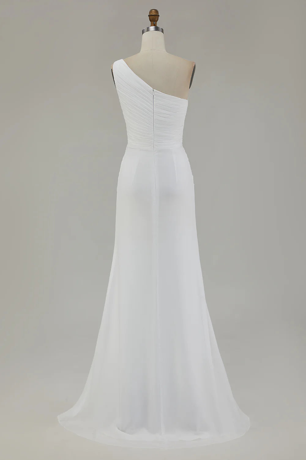 One Shoulder Ivory Ruched Engagement Dress with Slit