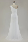One Shoulder Ivory Ruched Engagement Dress with Slit