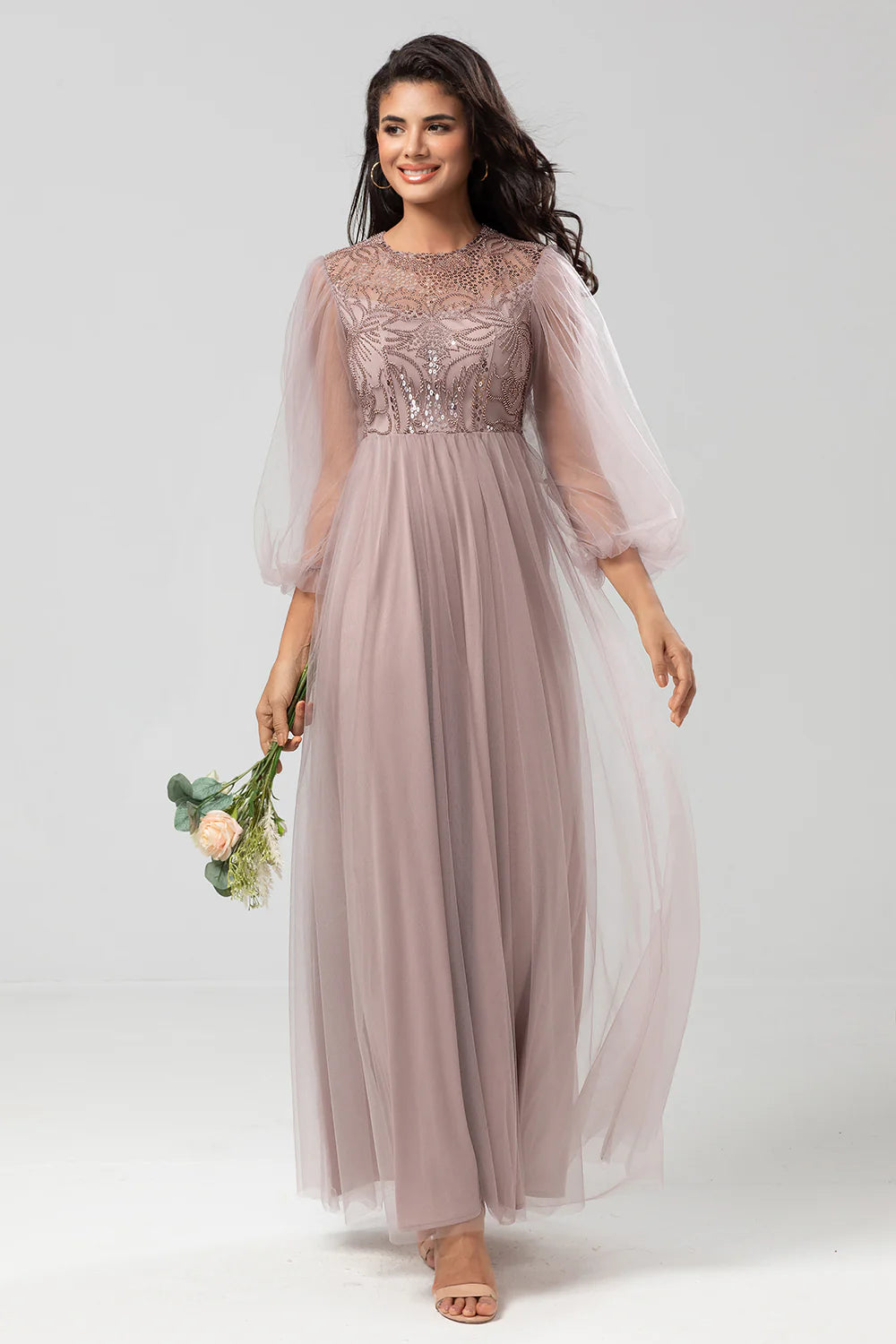 A Line Tulle Beaded Dusty Blue Bridesmaid Dress With Long Sleeves