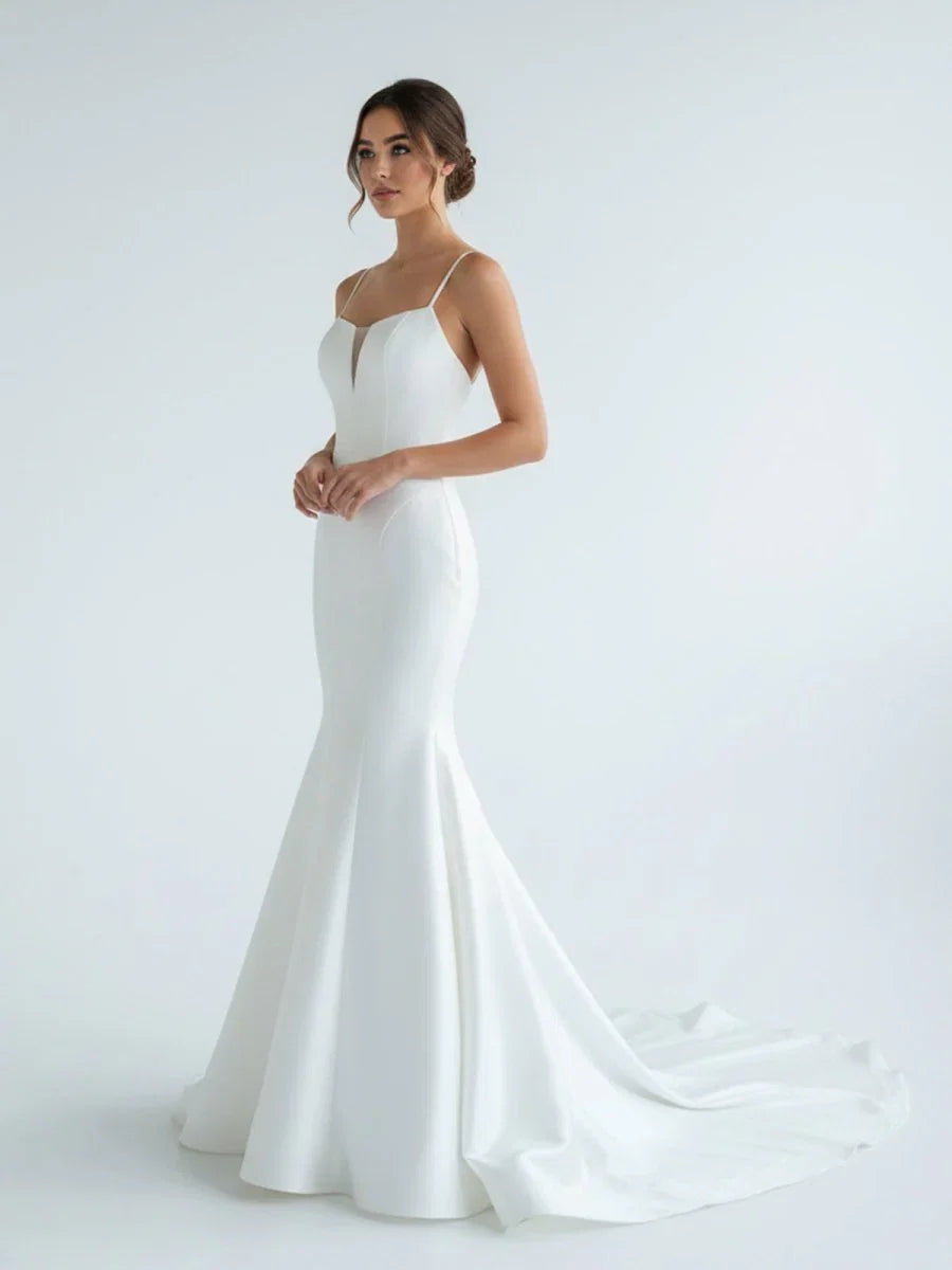 Mermaid White Spaghetti Straps Long Lace Wedding Dress