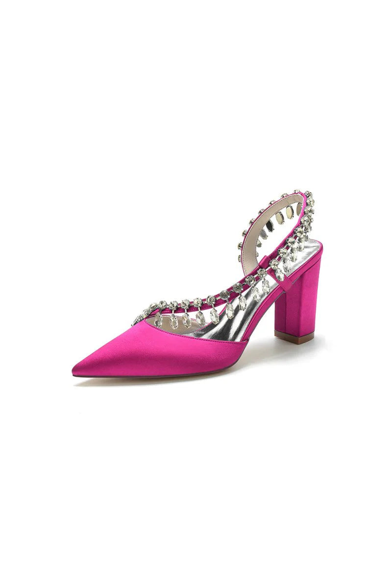 Pointed Toe Beaded Slip on Satin Chunky Heels
