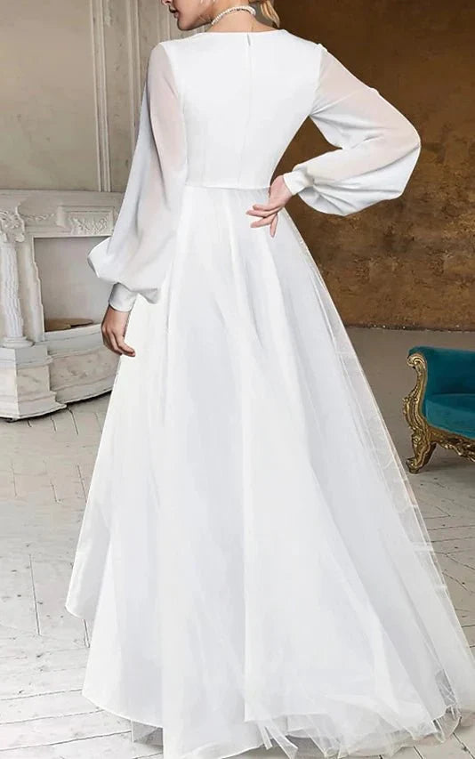 A Line V Neck Long Sleeves Elegant Casual Asymmetrical Chiffon Wedding Dress with Zipper Back