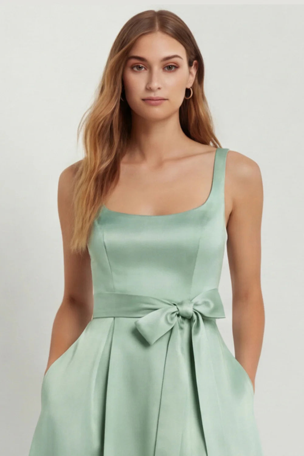 Light Blue A Line Square Neck Bow Satin Long Bridesmaid Dress with Slit