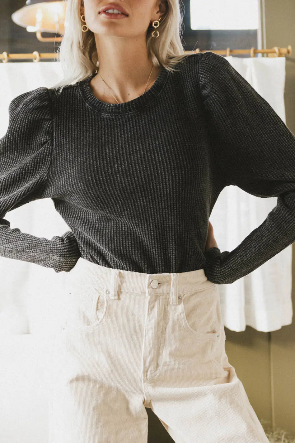 Kelcey Waffle Knit Top in Black FINAL SALE