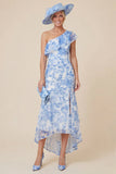 One Shoulder Light Blue Ruffle Floral Mother of the Bride Dress with Slit