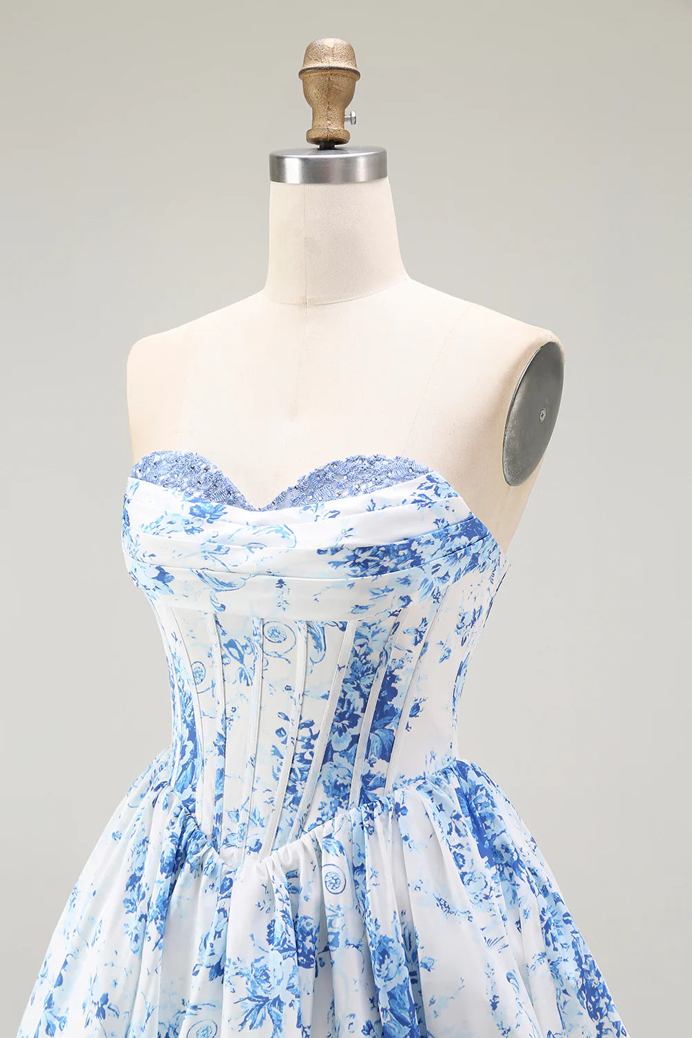 Pink Flower A Line Strapless Printed Homecoming Dress with Beading