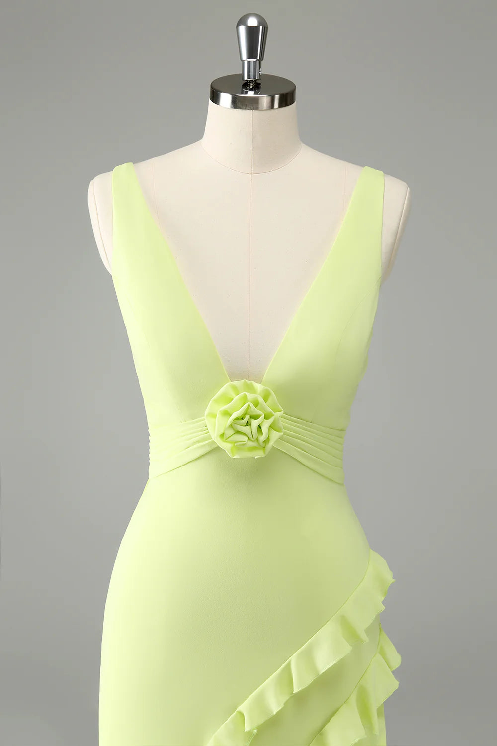 Lime A Line V Neck Floral Ruffle Open Back Bridesmaid Dress with Slit