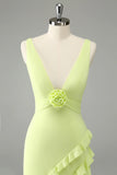 Lime A Line V Neck Floral Ruffle Open Back Bridesmaid Dress with Slit