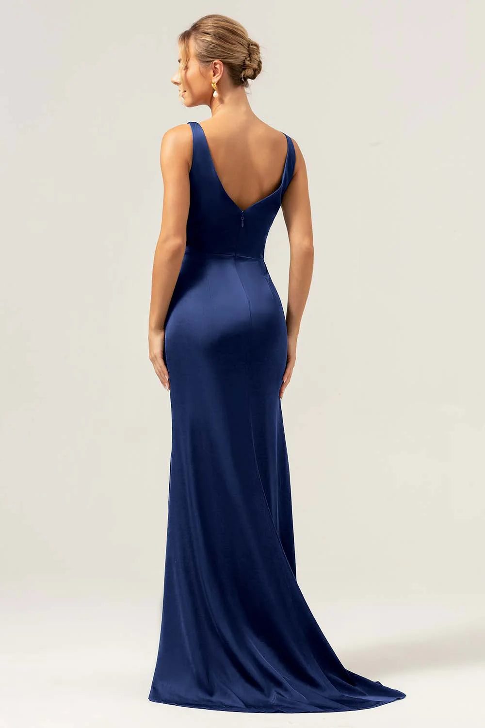 Burgundy Mermaid V Neck Ruched High Low Long Satin Bridesmaid Dress with Slit