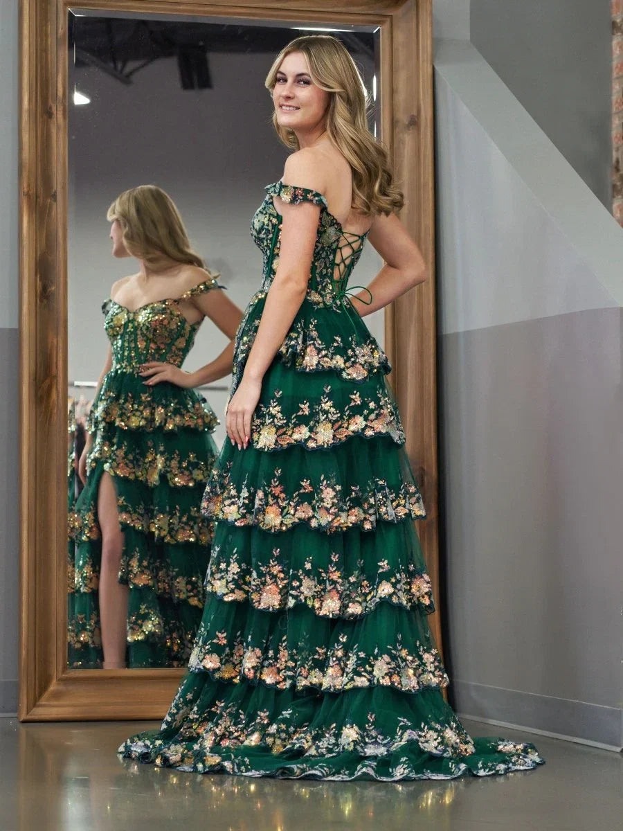 Green Crystal Sequins Princess A Line Off the Shoulder Prom Dress with Lace Ruffles
