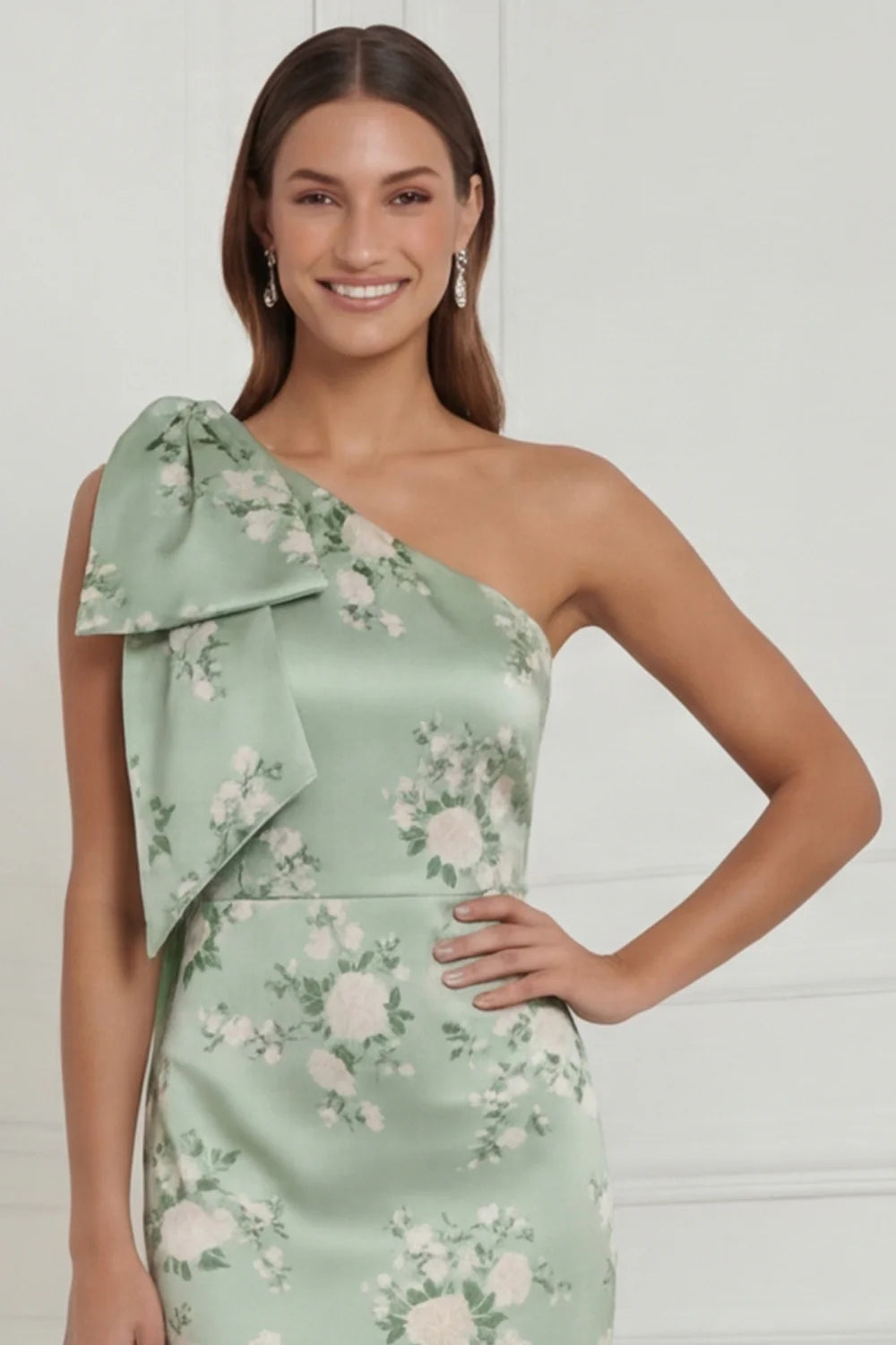 Sage Green One Shoulder Sheath Floral Long Bridesmaid Dress with Bow
