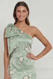 Sage Green One Shoulder Sheath Floral Long Bridesmaid Dress with Bow