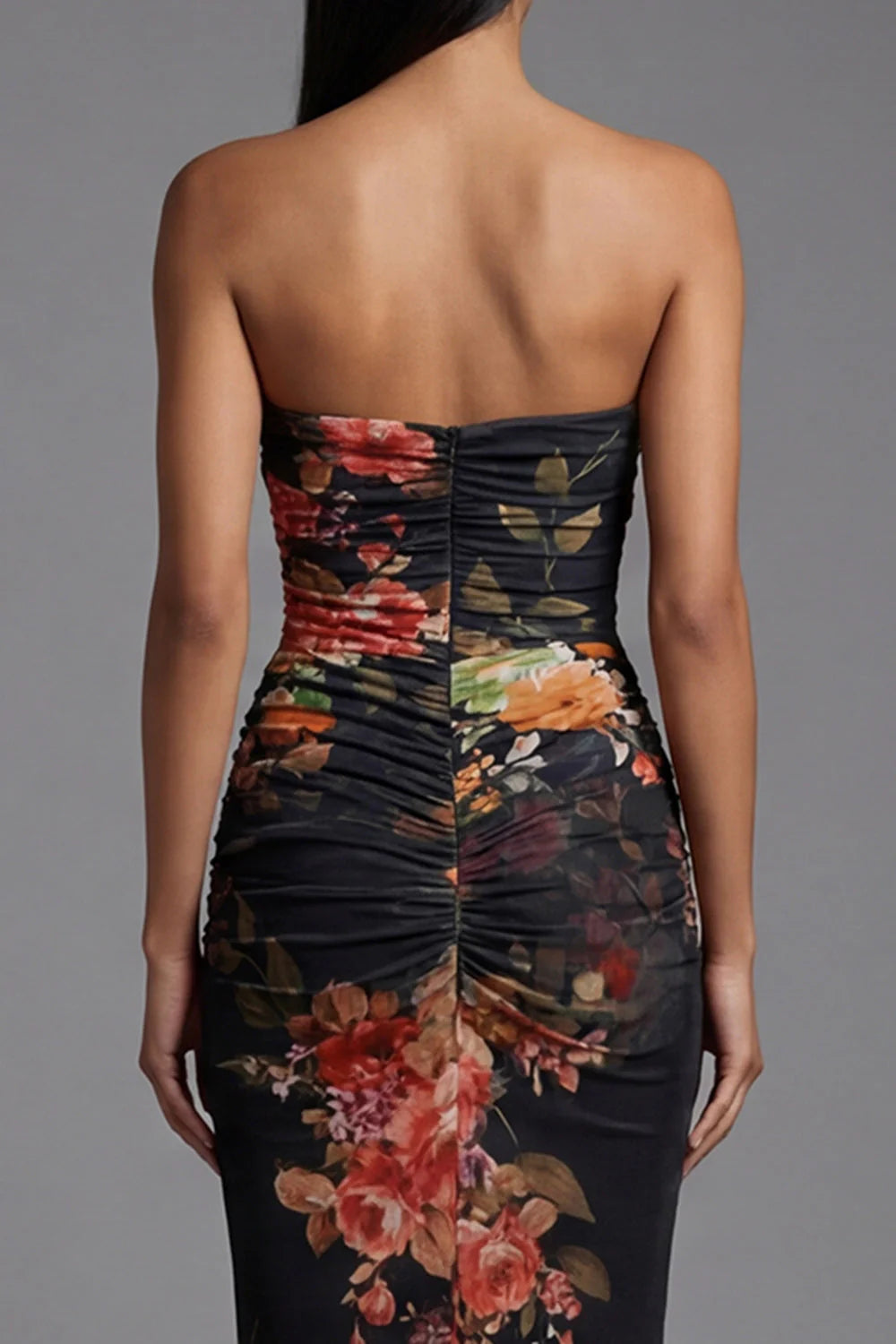 Strapless Floral Ruched Mermaid Black Formal Dress