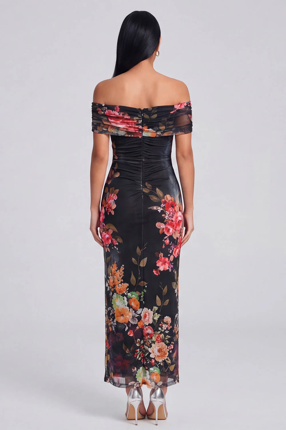 Off the Shoulder Ivory Sheath Floral Wedding Guest Dress