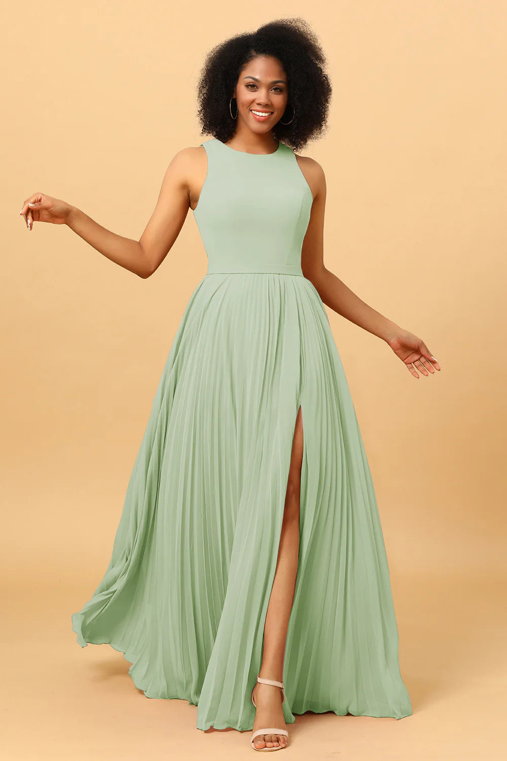 A Line Pleated Long Chiffon Bridesmaid Dress with Ruffles