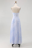 Blue Flower A Line Spaghetti Straps Backless Bridesmaid Dress