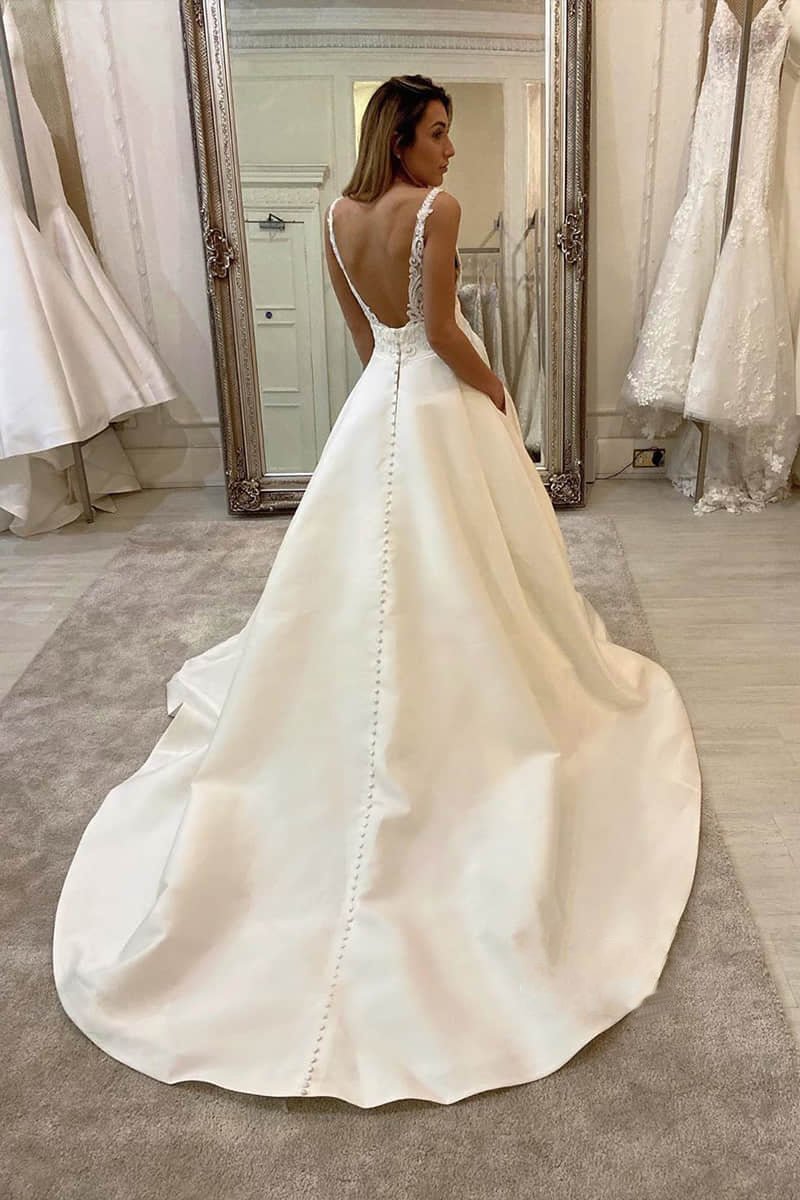 A Line V neck Lace Appliques Satin Wedding Dress Bridal Gowns