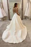 A Line V neck Lace Appliques Satin Wedding Dress Bridal Gowns
