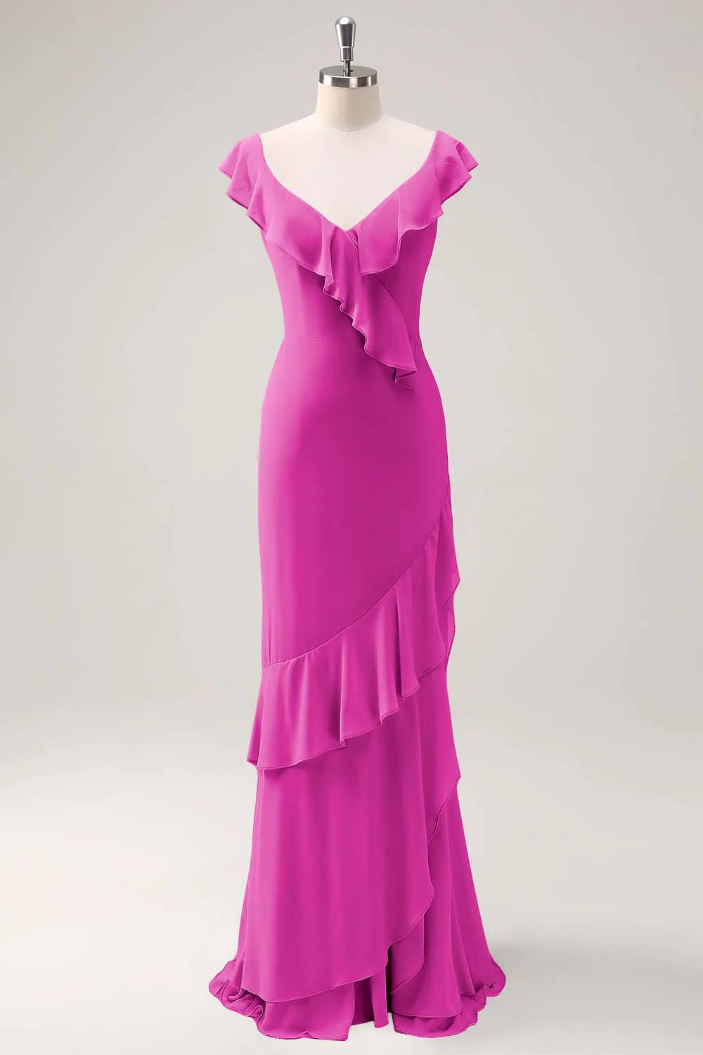Dusty Sage Sheath V Neck Open Back Chiffon Long Bridesmaid Dress with Ruffles