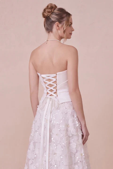 White A Line Floral Sweetheart Engagement Dress