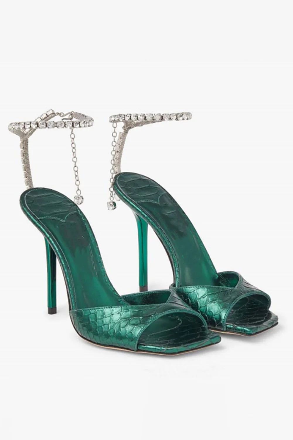 Emerald Croc Embossed Stiletto Heels with Crystal Ankle Strap