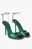 Emerald Croc Embossed Stiletto Heels with Crystal Ankle Strap