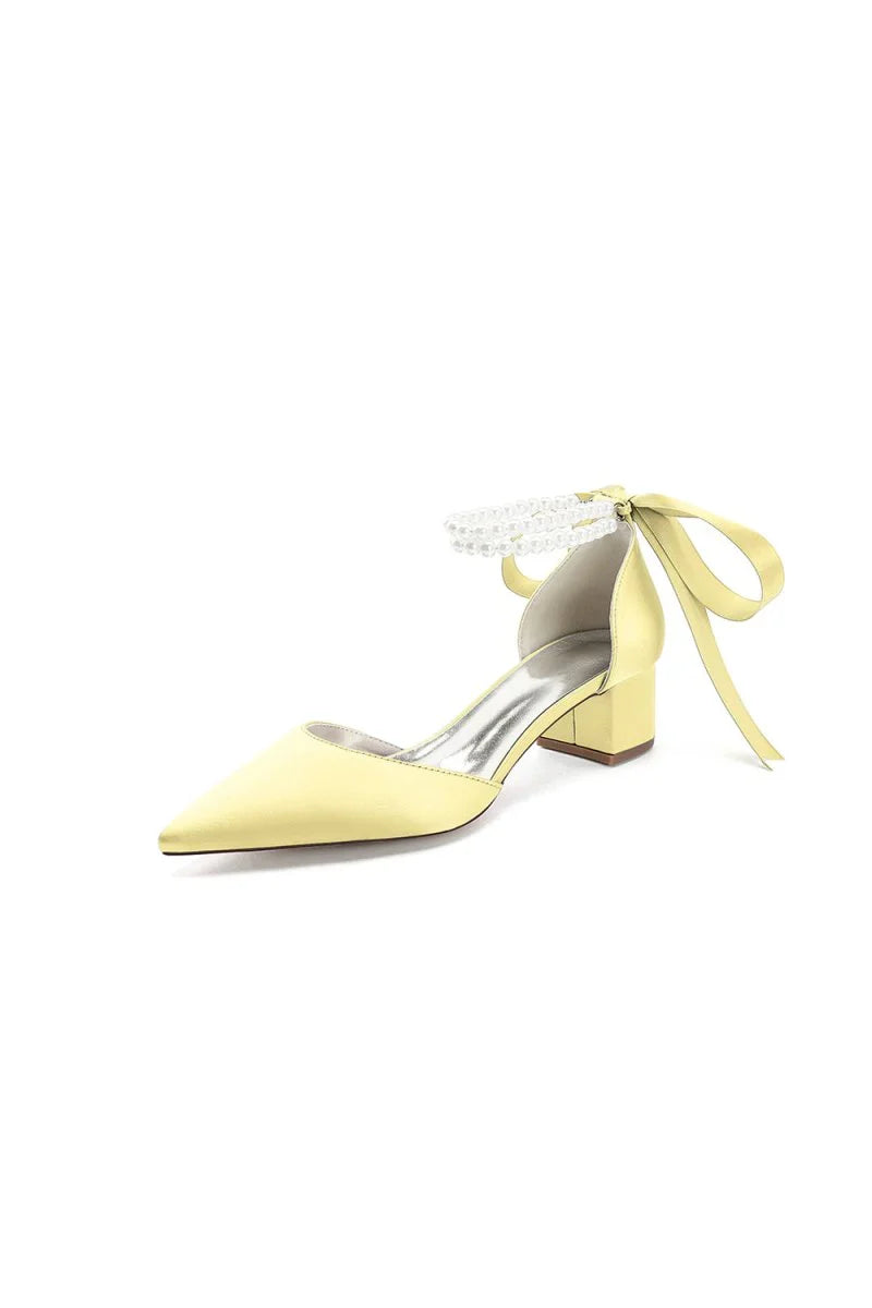 Pointed Toe Double Pearl Ankle Strap Party Shoes With Ribbon Tie