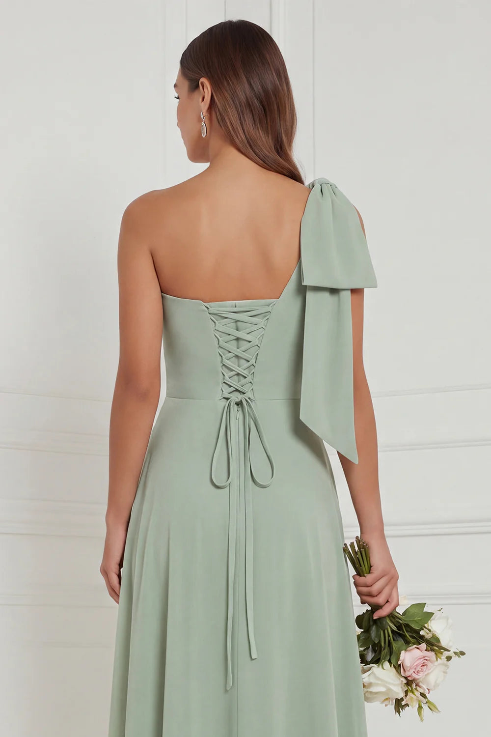 One Shoulder Bow A Line Sage Bridesmaid Dress with Lace up Back