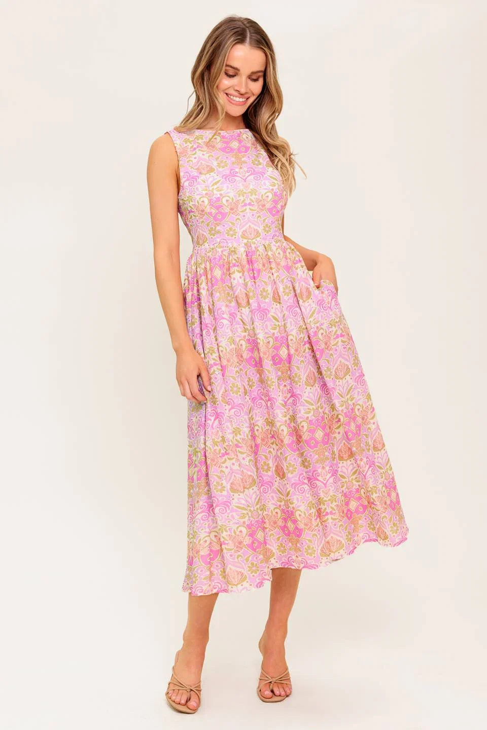 UNDER THE SUN PINK MIDI DRESS WITH POCKETS