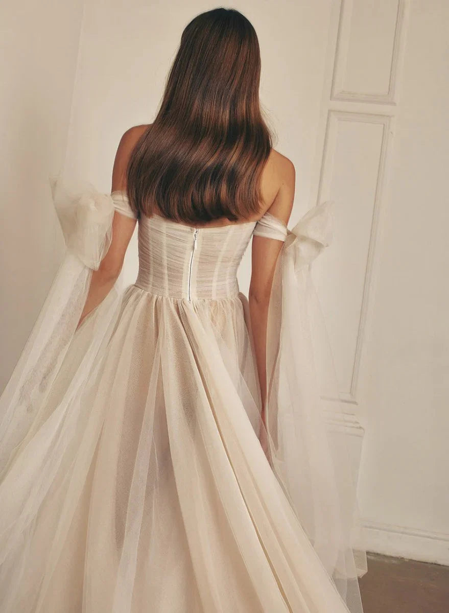 Beach Pleated Tulle Off The Shoulder A Line Wedding Dresses With Slit