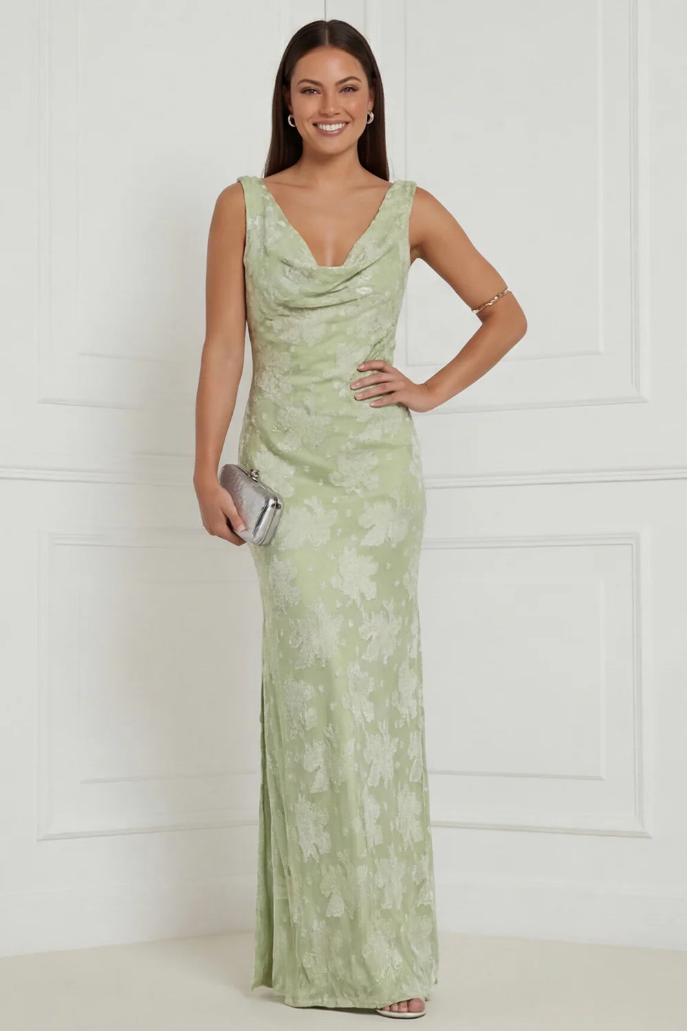 Sage Green Floral Cowl Neck Sheath Long Bridesmaid Dress with Slit