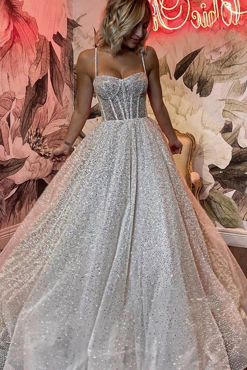 Spaghetti Straps Sequins A line Sparkly Wedding Dress Bridal Gown