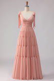 Blush A Line Chiffon Ruched V Neck Long Bridesmaid Dress