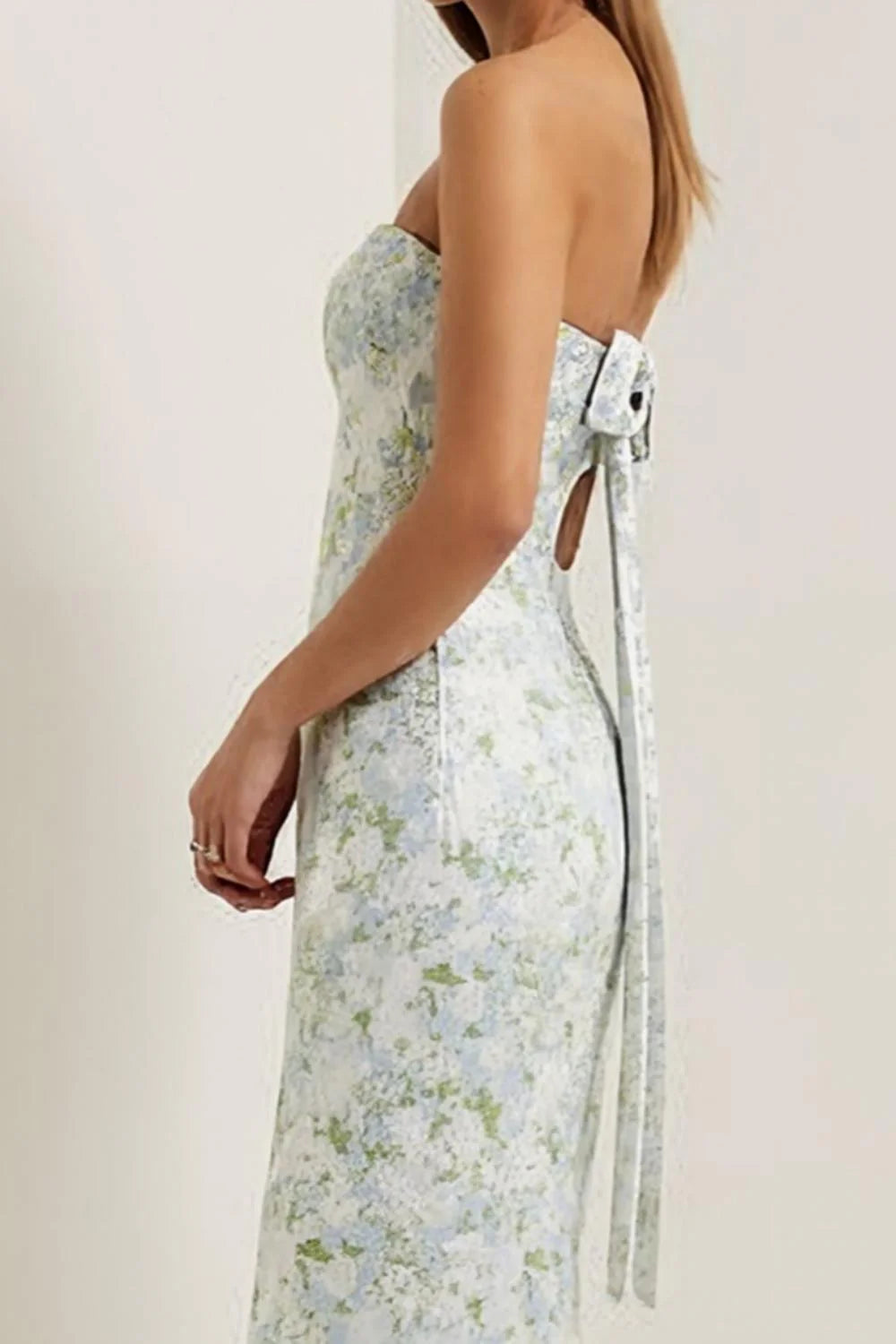 Strapless Sheath Print Long Blue White Floral Satin Dress with Bow