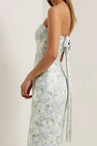 Strapless Sheath Print Long Blue White Floral Satin Dress with Bow