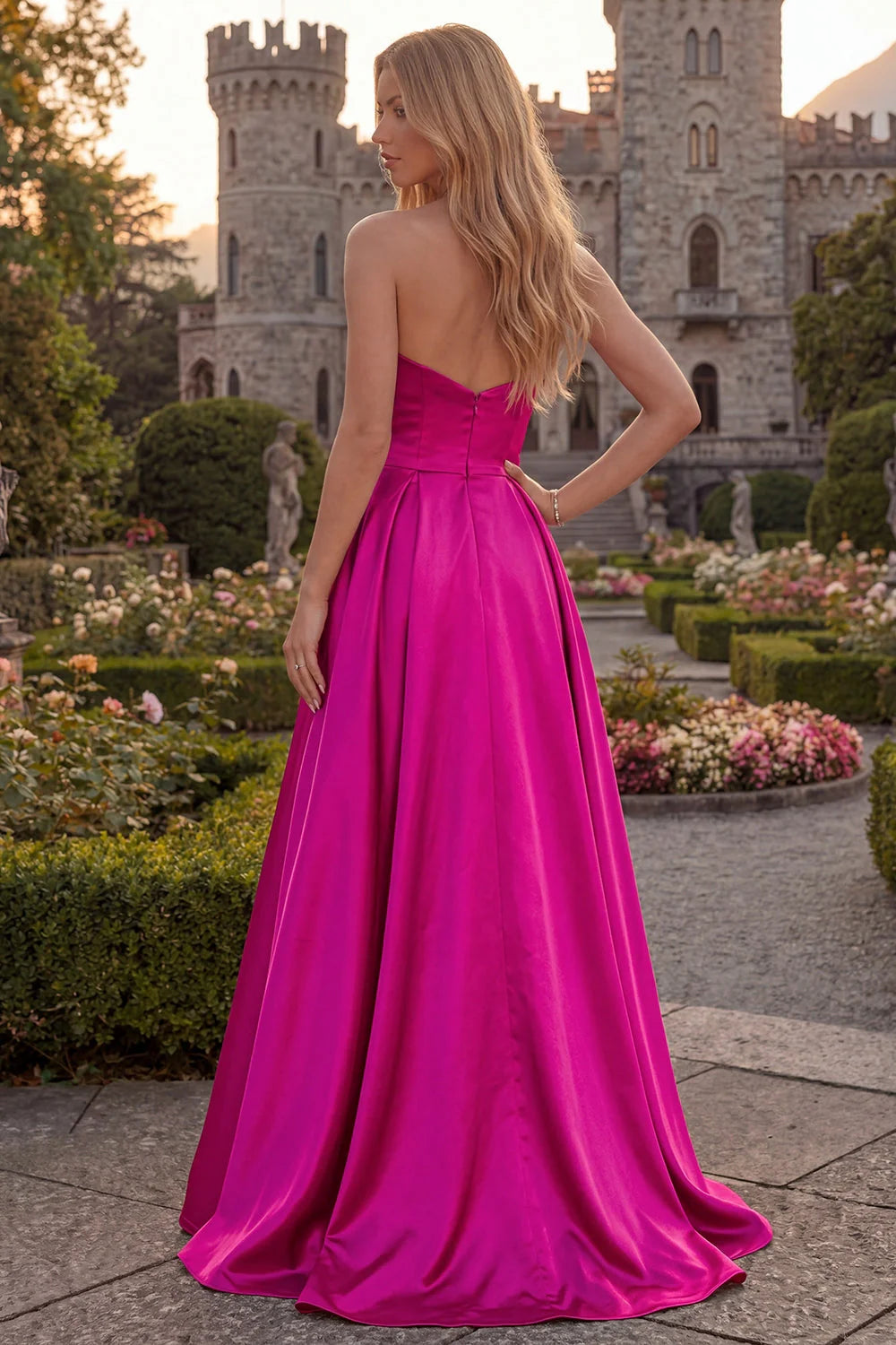 Fuchsia Strapless A Line Satin Maxi Prom Dress