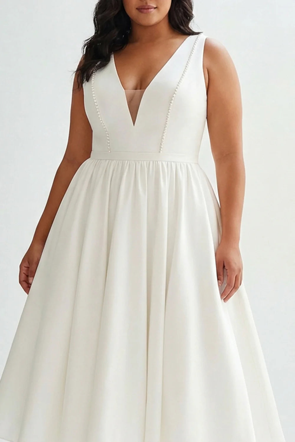 White A Line V Neck Midi Plus Size Graduation Dress with Pearls