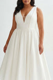 White A Line V Neck Midi Plus Size Graduation Dress with Pearls