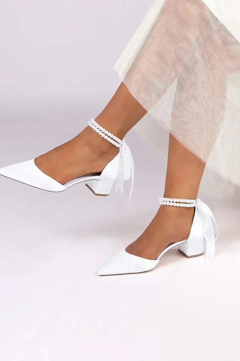 Pointed Toe Double Pearl Ankle Strap Party Shoes With Ribbon Tie