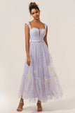 A Line Sweetheart Lilac Tea Length Prom Dress with Embroidery