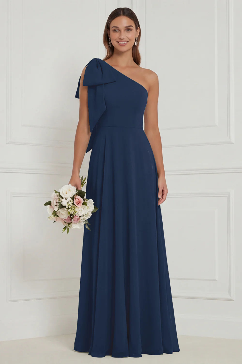 One Shoulder Bow A Line Sage Bridesmaid Dress with Lace up Back